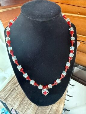 Red Crystal Beaded Necklace with Silver Accents
